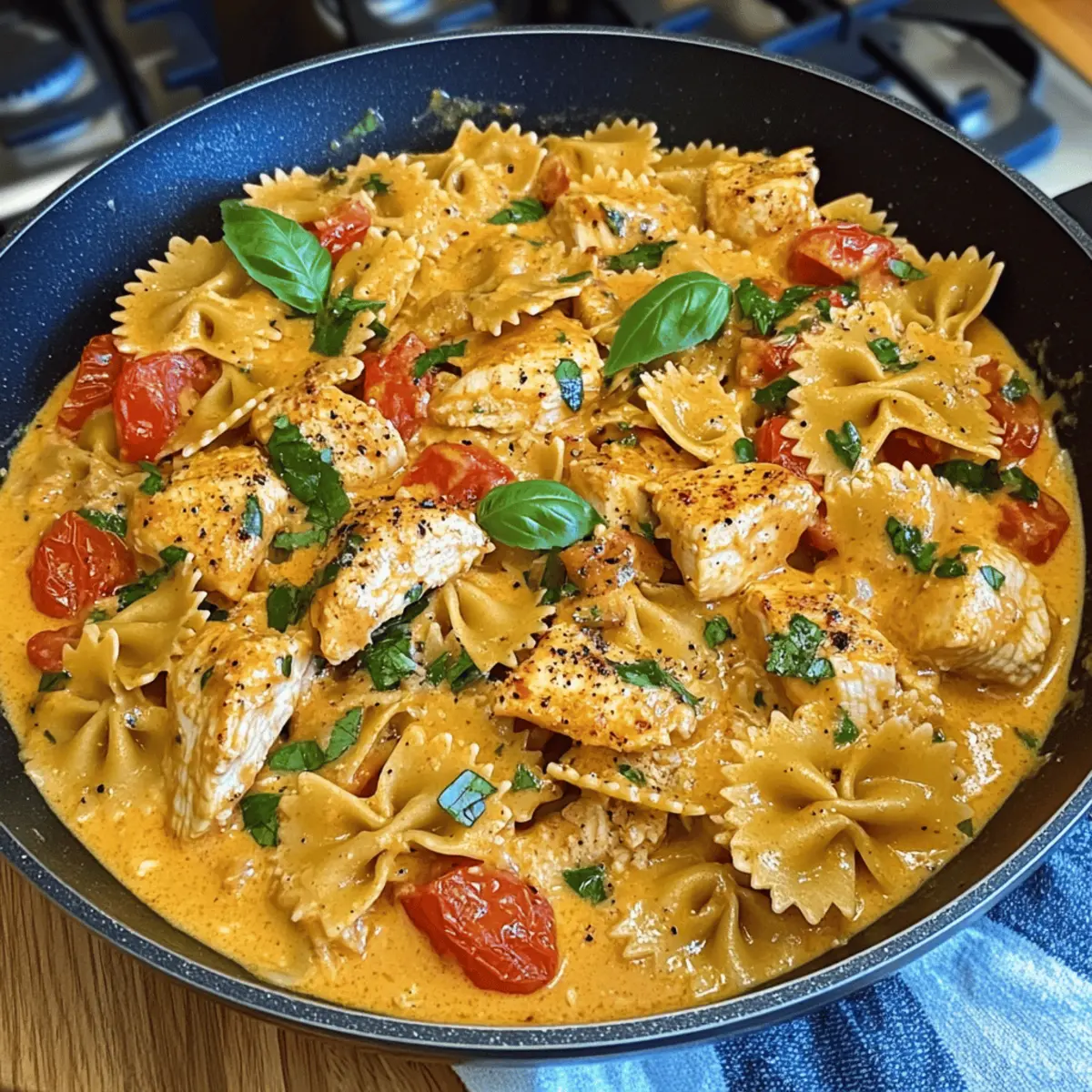 Heirate mich Pastafanne mit gebratenem Hähnchen