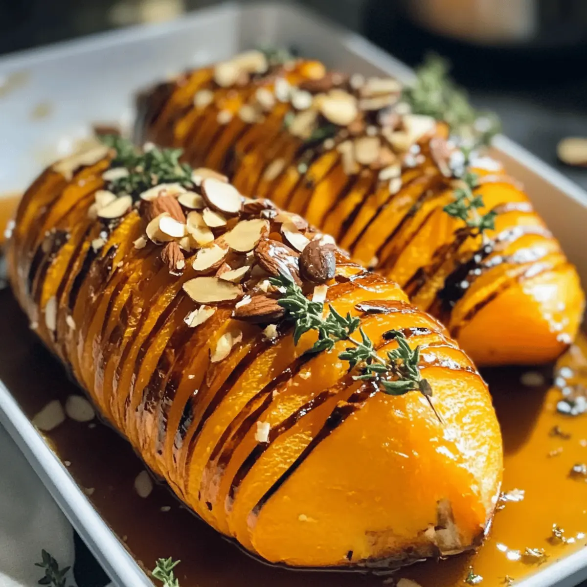 Hasselback Butternusskürbis mit Honig und Mandeln genießen