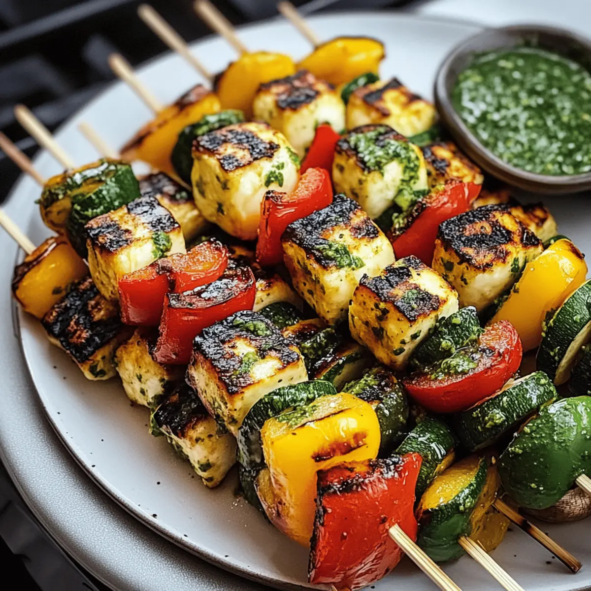 Grilled Vegetable Skewers mit Halloumi und Chimichurri