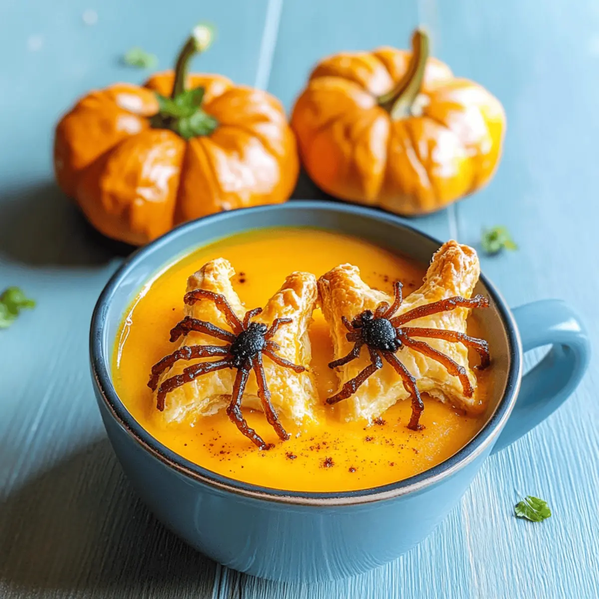 Kürbissuppe zu Halloween mit Blätterteigspinnen