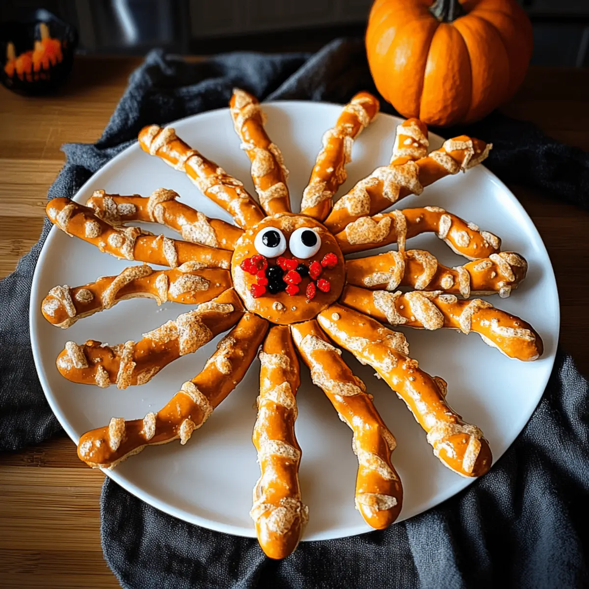 Spinne aus gefrorenen Laugenstangen für Halloween