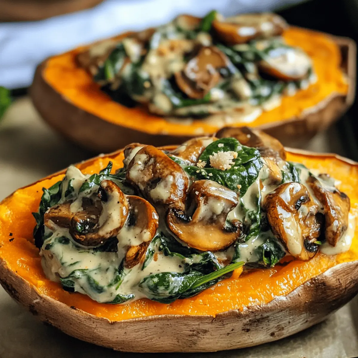Cremige gefüllte Süßkartoffeln mit Spinat und Champignons