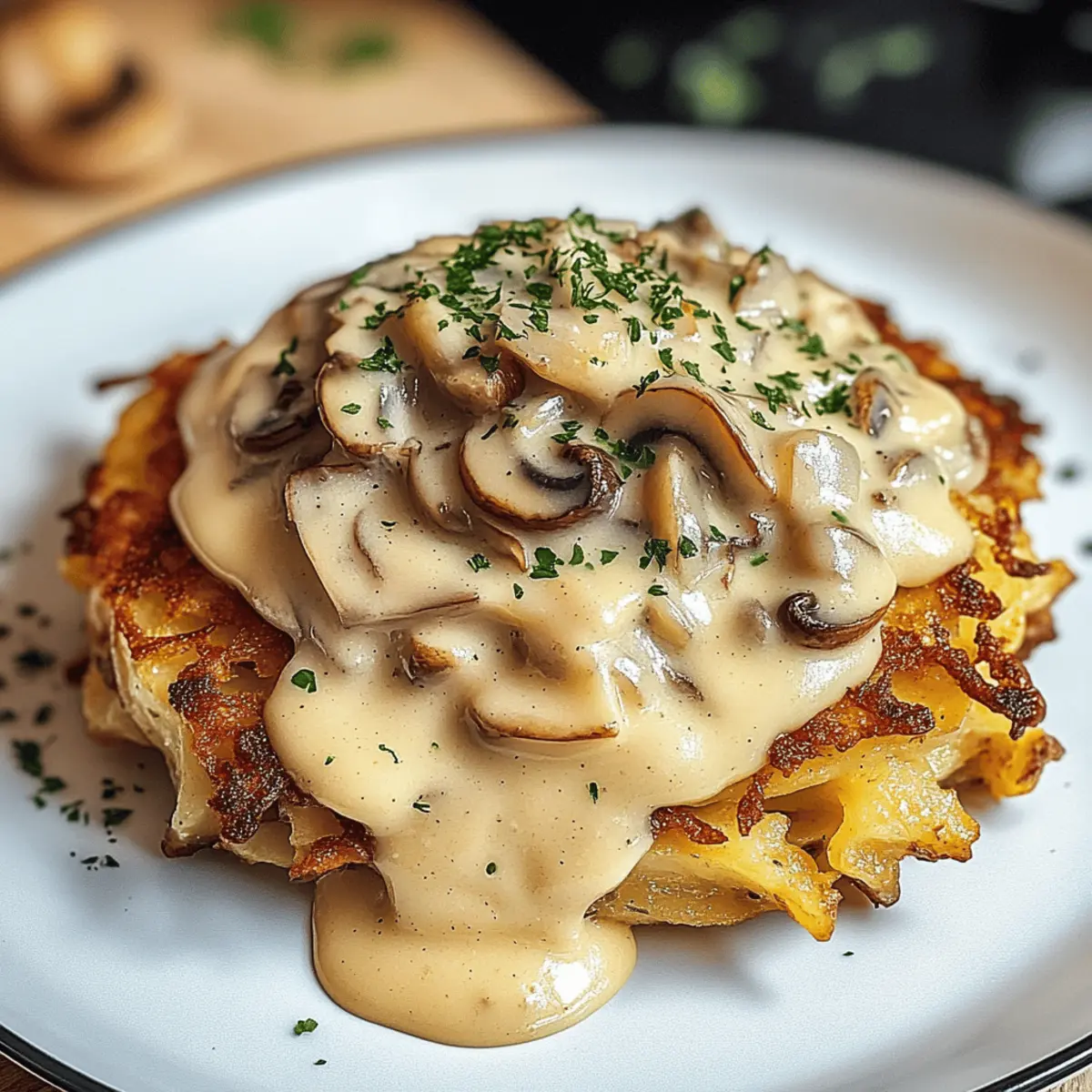 Mozzarella Rösti mit Zwiebel-Pilzrahmsoße genießen