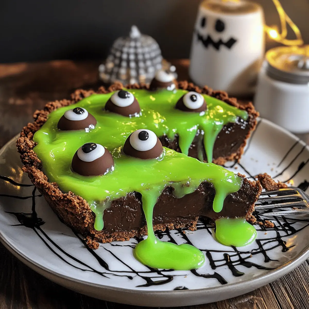 Cremige Halloween-Schokoladentarte mit Schleimmonstern