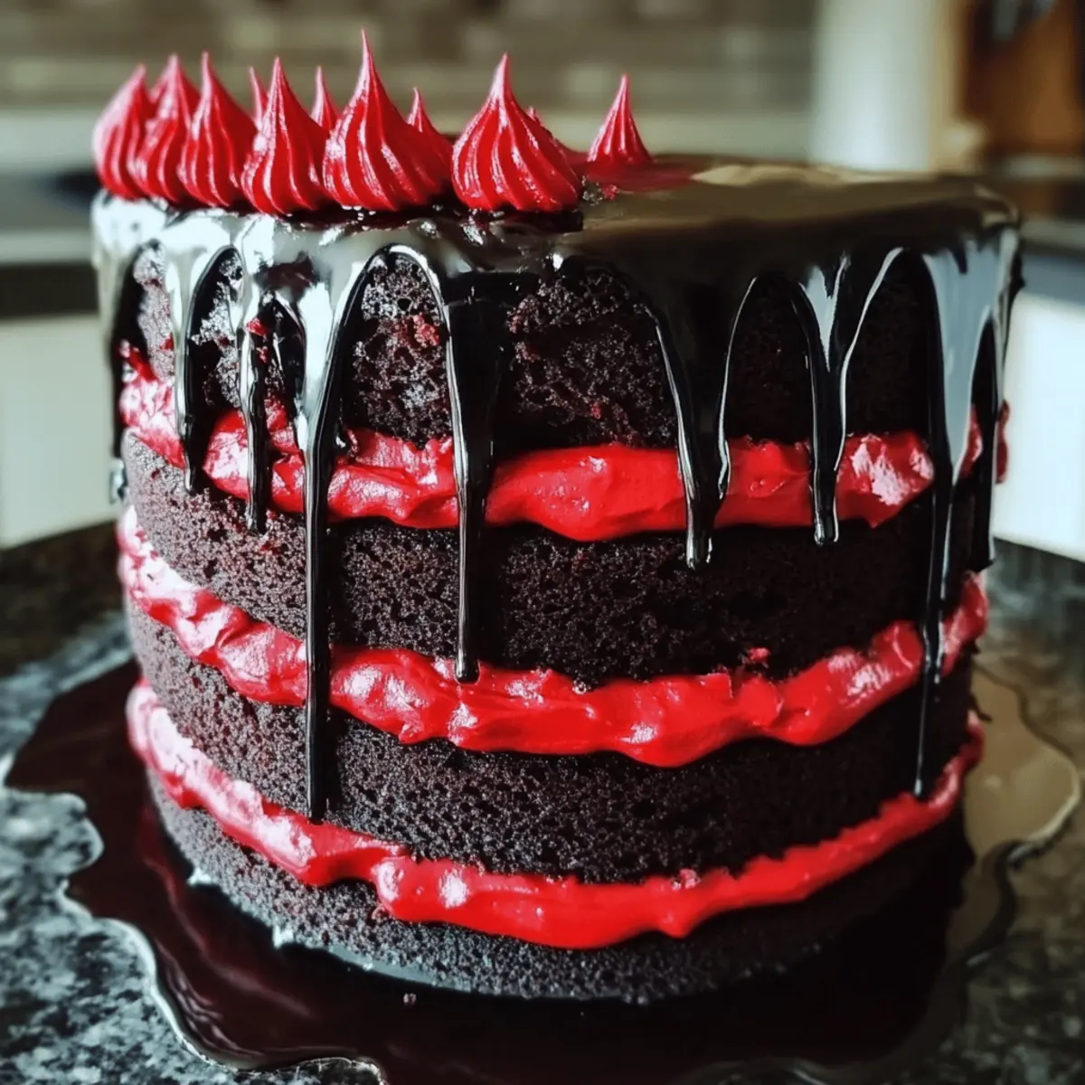 Halloween Torte schwarz mit roter Deko