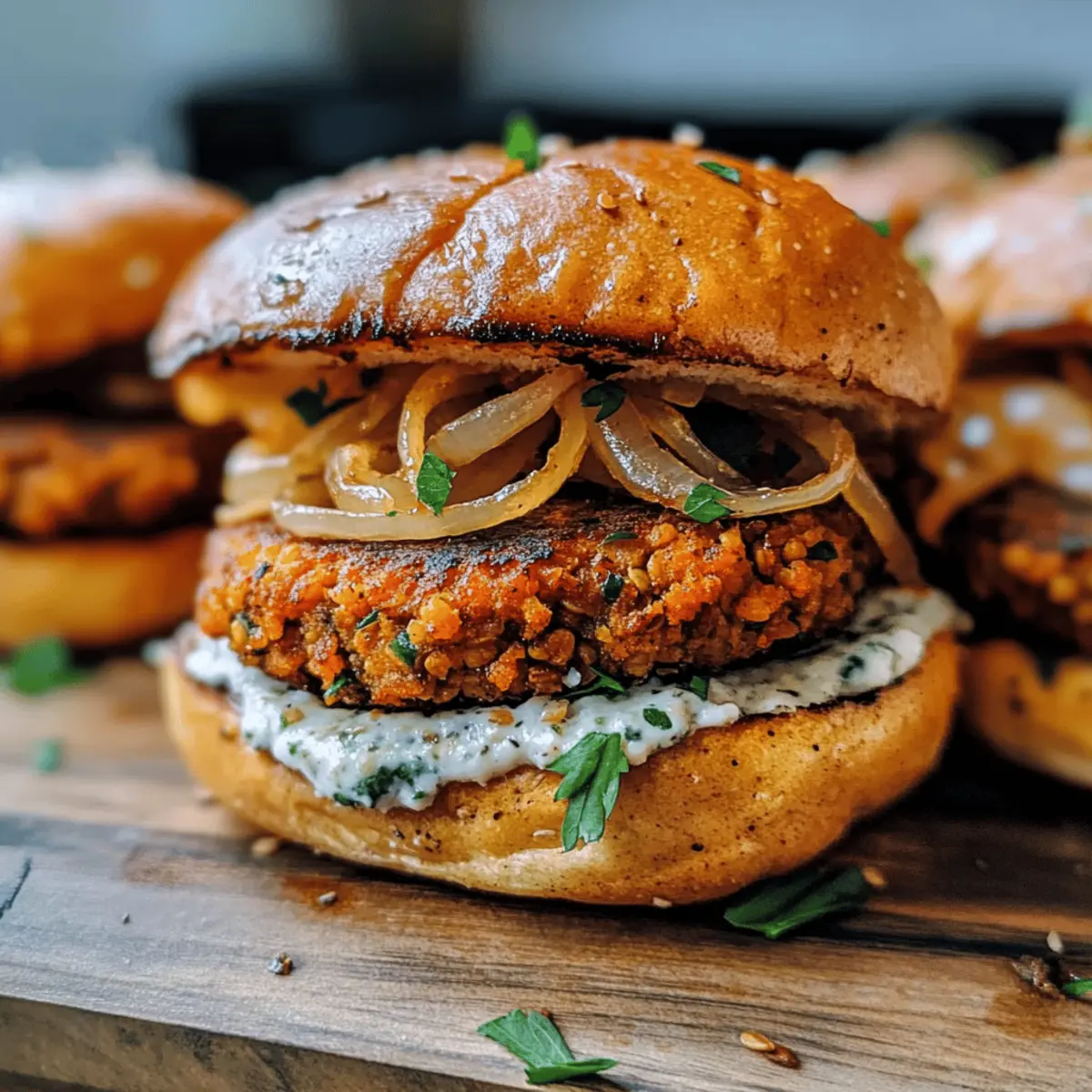 Kürbis-Zwiebel-Burger-Brötchen mit Linsen-Patties