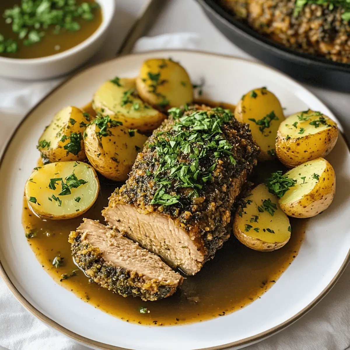 Veganer Braten mit Kräuterkruste und Petersilienkartoffeln