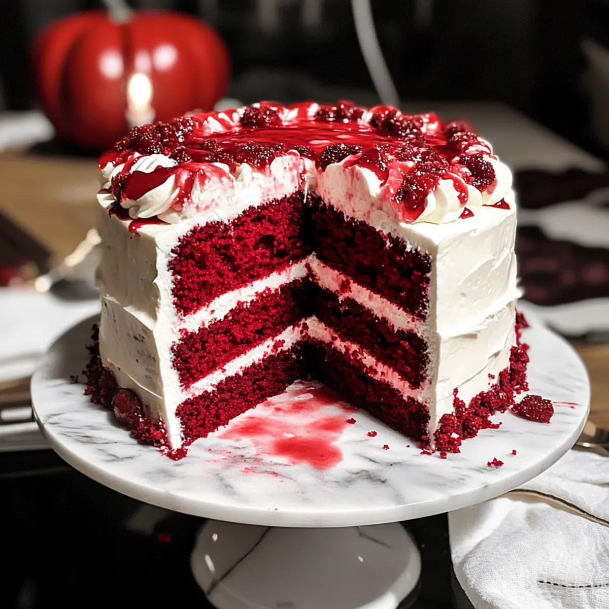 Gruseliger Roter Samtkuchen mit cremigem Frosting