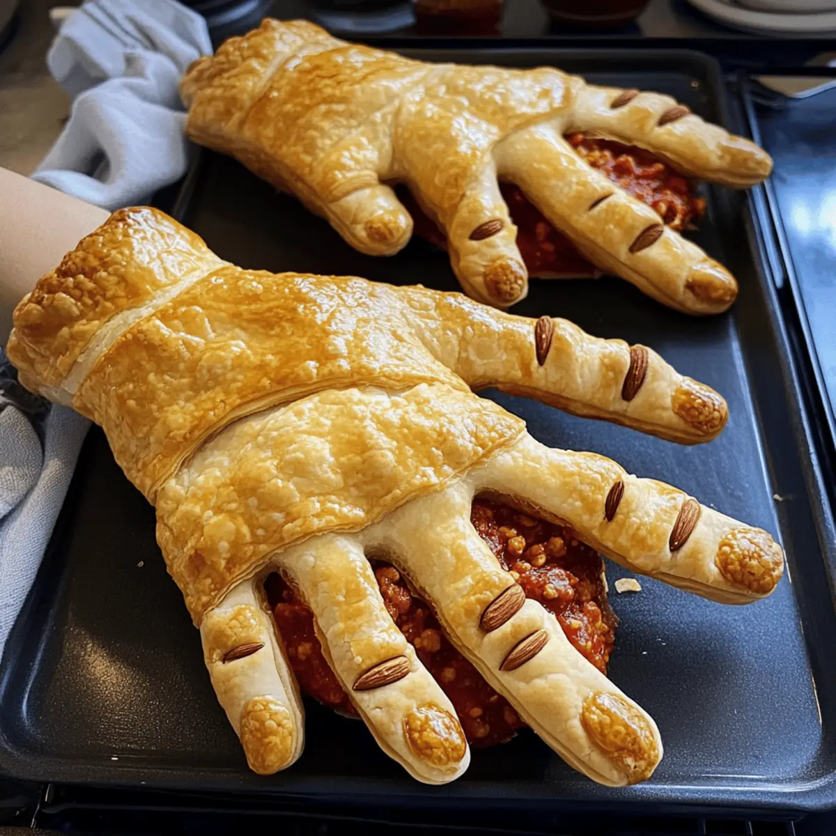 Blätterteig Hände mit Tomaten-Fleischfüllung für Halloween