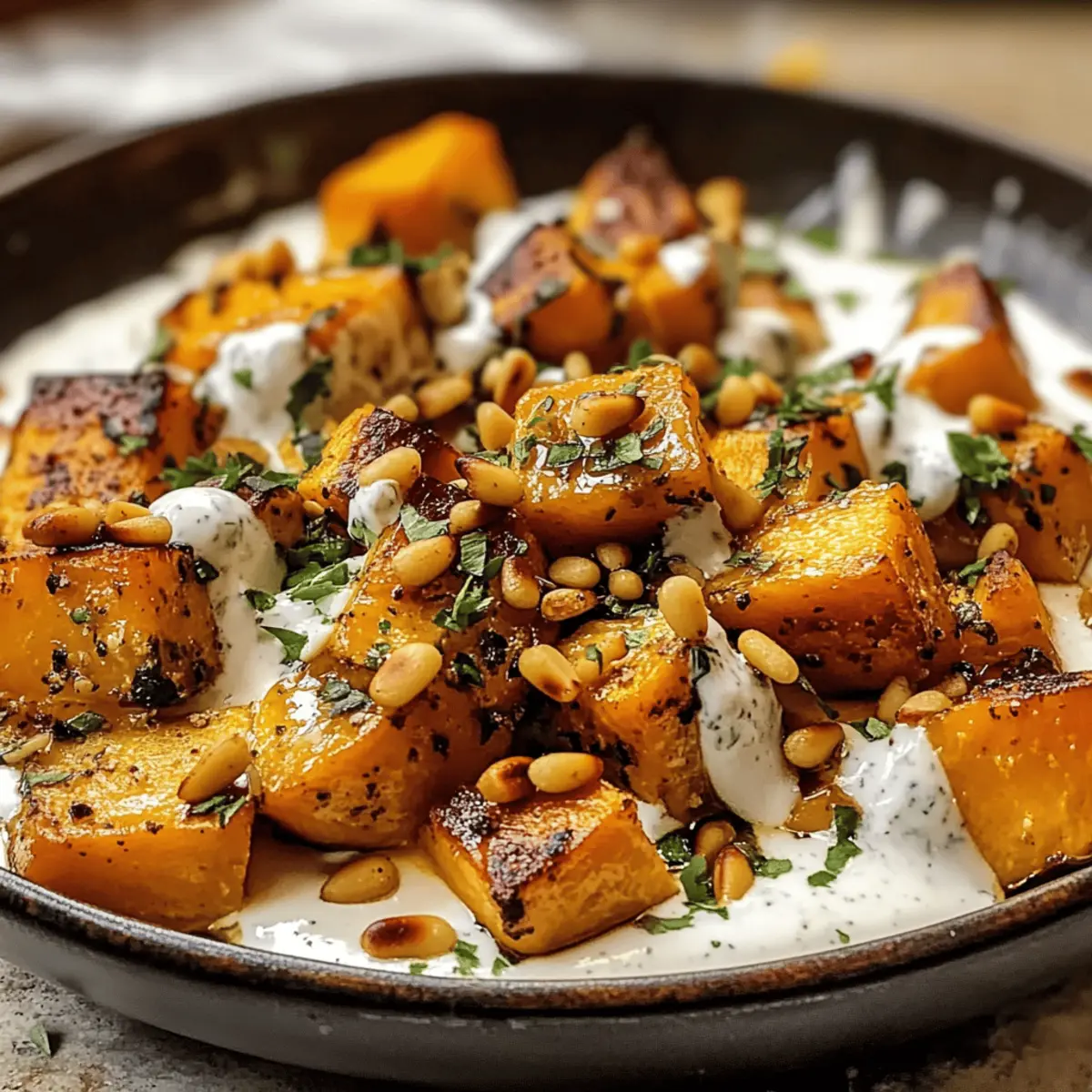 Goldbraun gerösteter Kürbis mit Joghurtsauce genießen