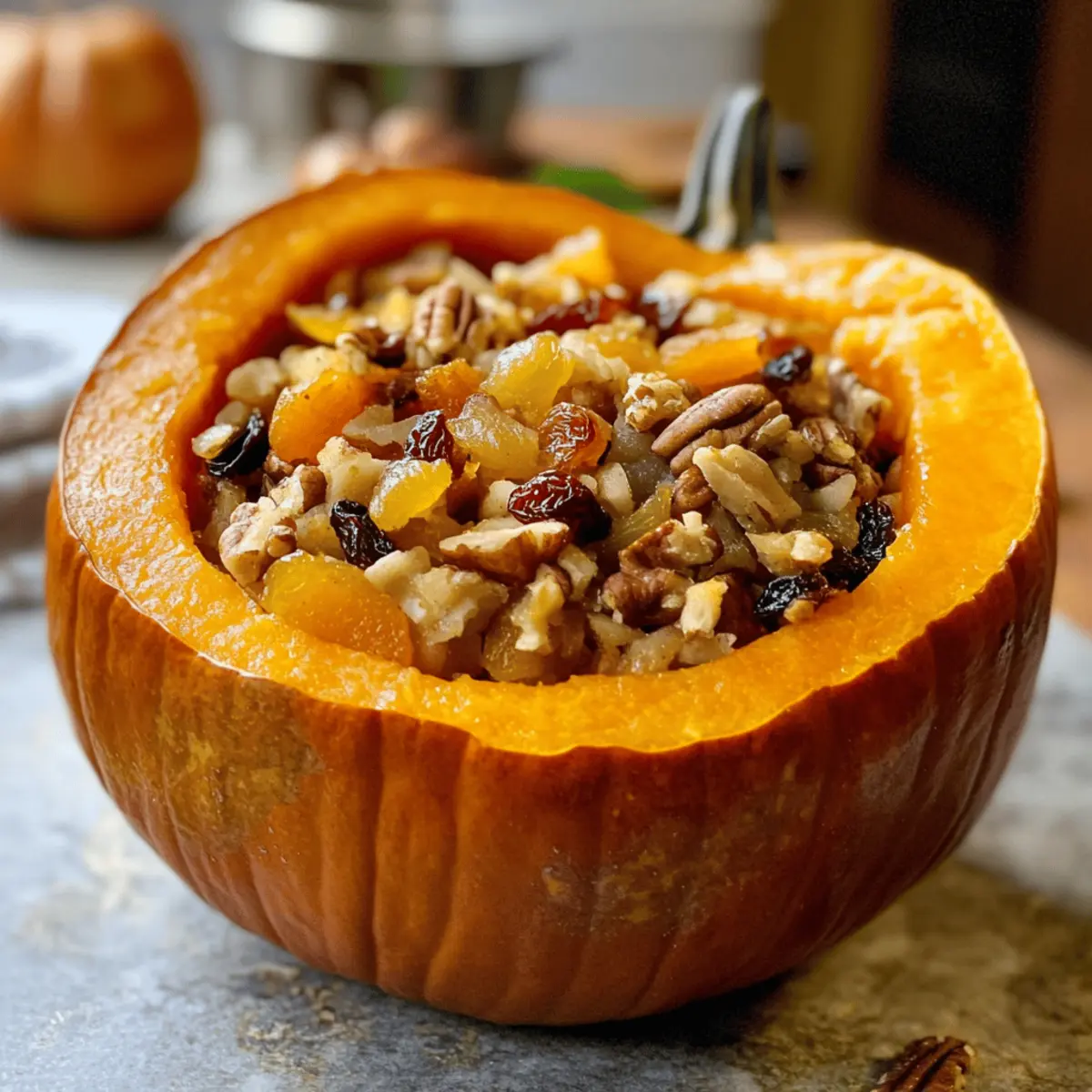 Bebilderter Kürbis mit Reis und Früchten füllen