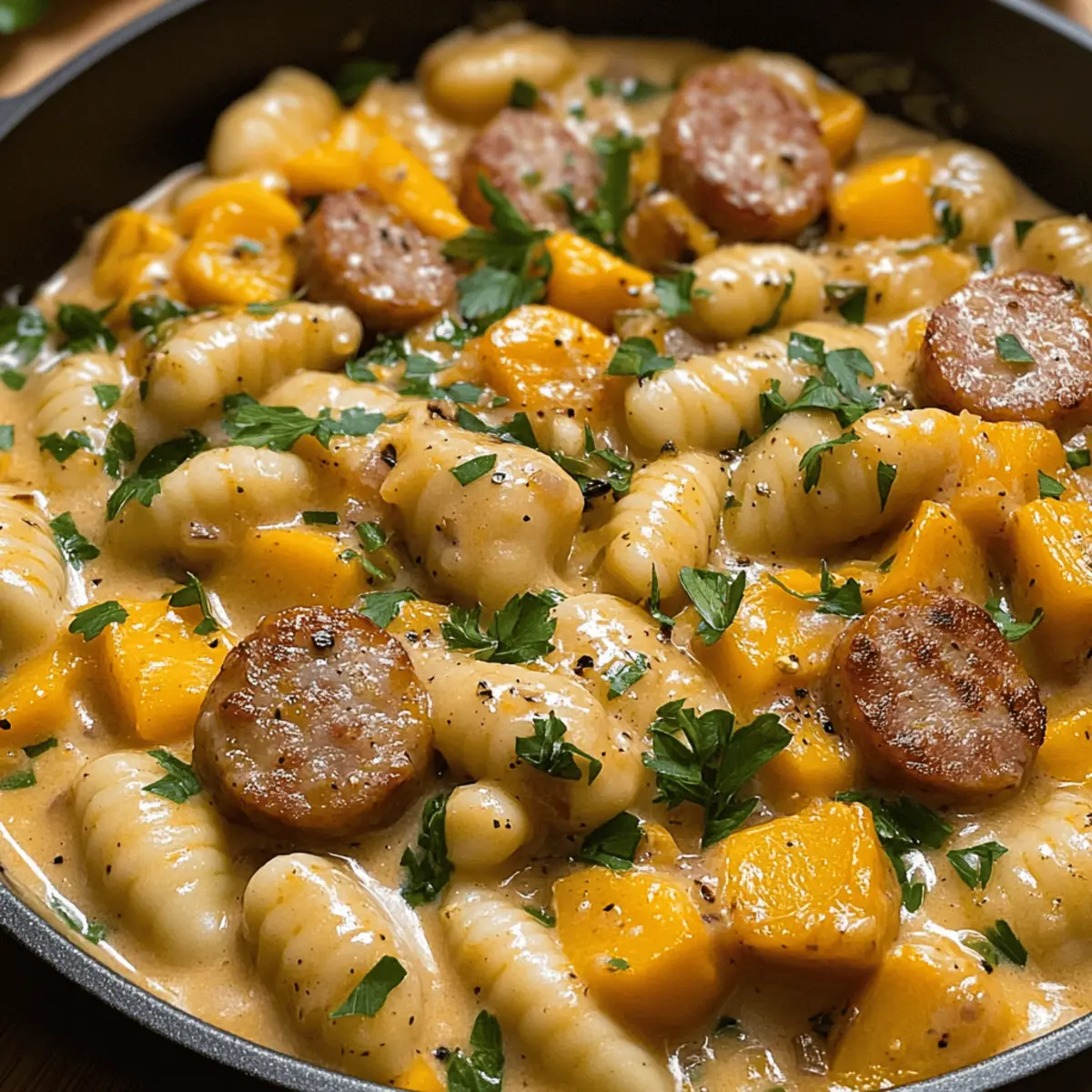 Cremige Butternusskürbis-Gnocchi mit Wurst Rezept
