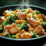 Hähnchen-Reis-Pfanne mit Brokkoli und Mais