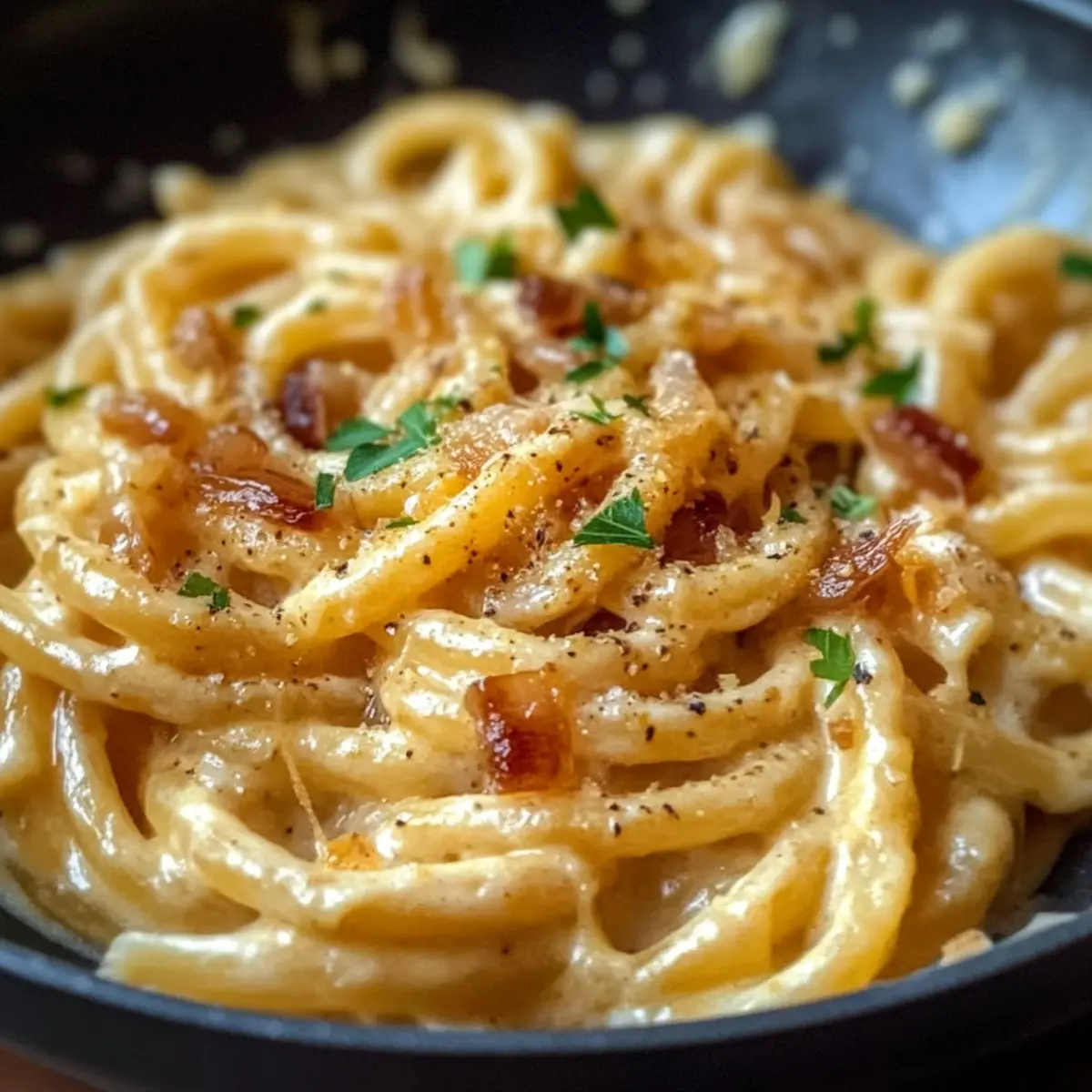 Cremige vegane karamellisierte Zwiebel Pasta, schnell zubereitet