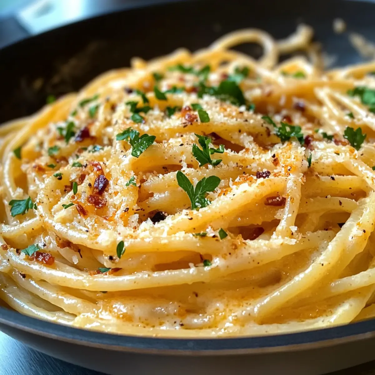 Cremige vegane karamellisierte Zwiebelnudeln genießen