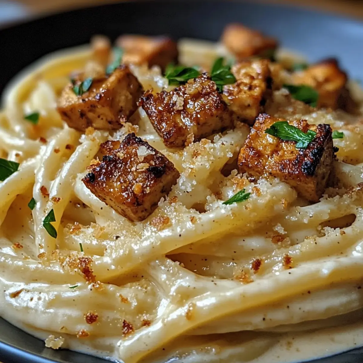 Geräucherte Tofu-Carbonara für vegane Genießer