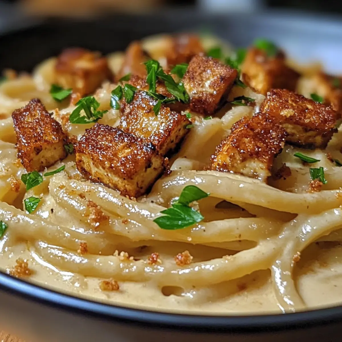 Geräucherte Tofu-Carbonara für cremigen Genuss