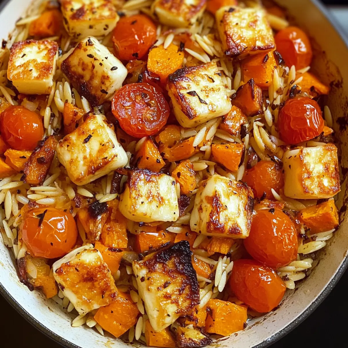 Herbstlicher Halloumi Orzo Auflauf für die ganze Familie