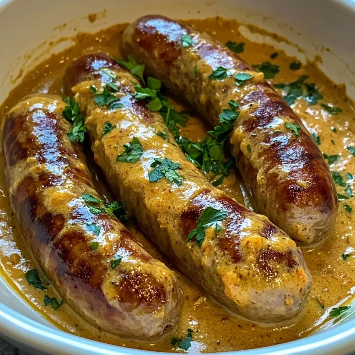 Herzhafte Bratwurst in Zwiebel-Curry-Sahnesauce lecker genießen