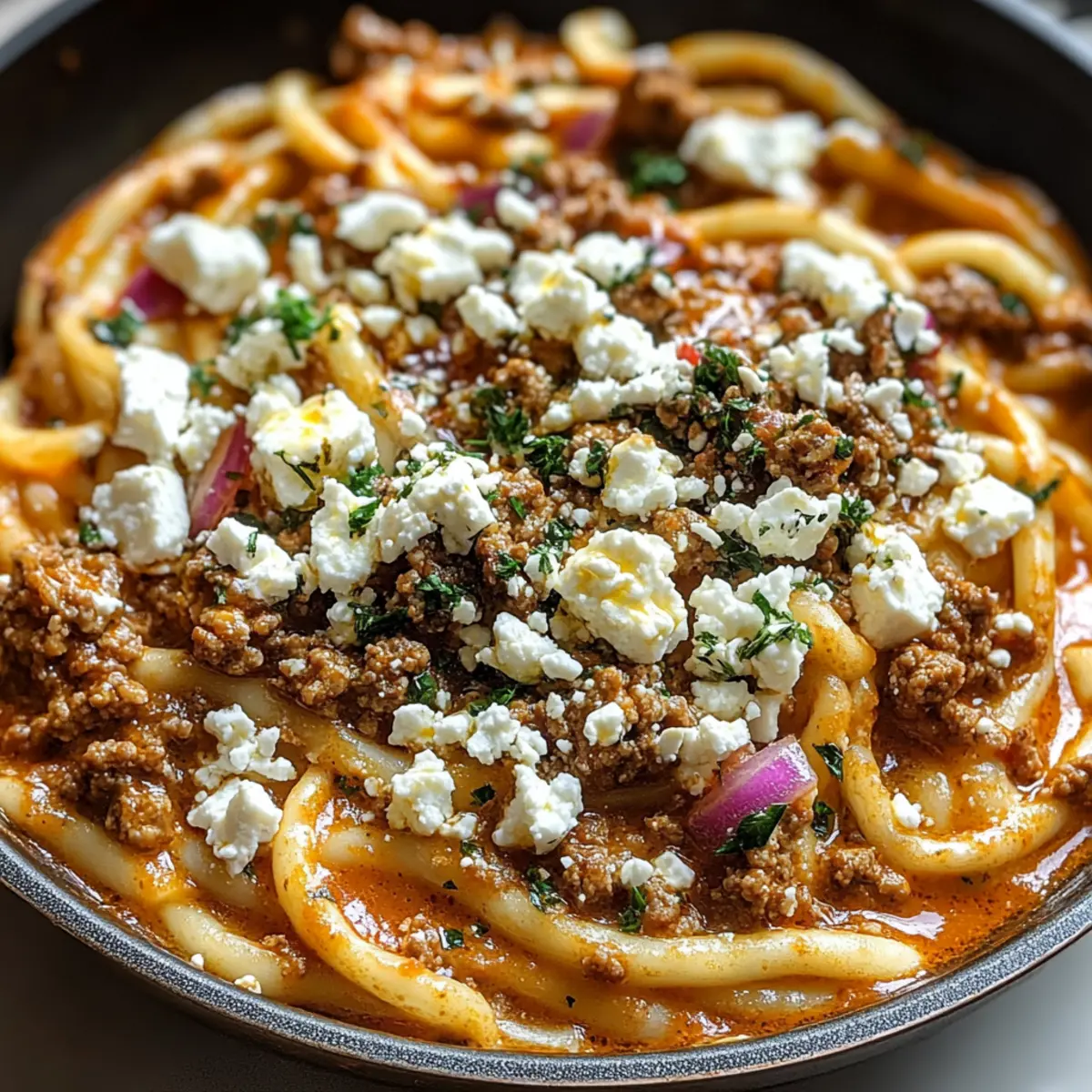 Kritharaki-Hackfleischpfanne mit Feta für Genießer