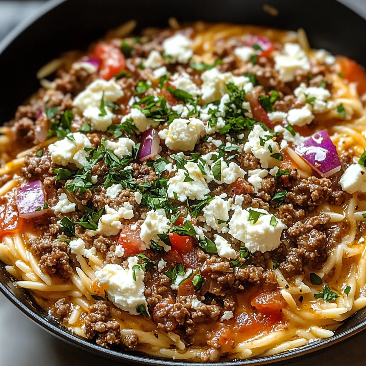 Kritharaki-Hackfleischpfanne mit Feta und lecker genießen