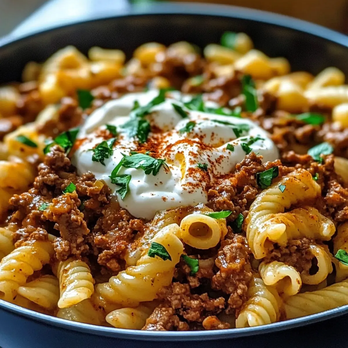 Türkische Pasta mit Hackfleisch und Joghurt-Sauce für Genuss