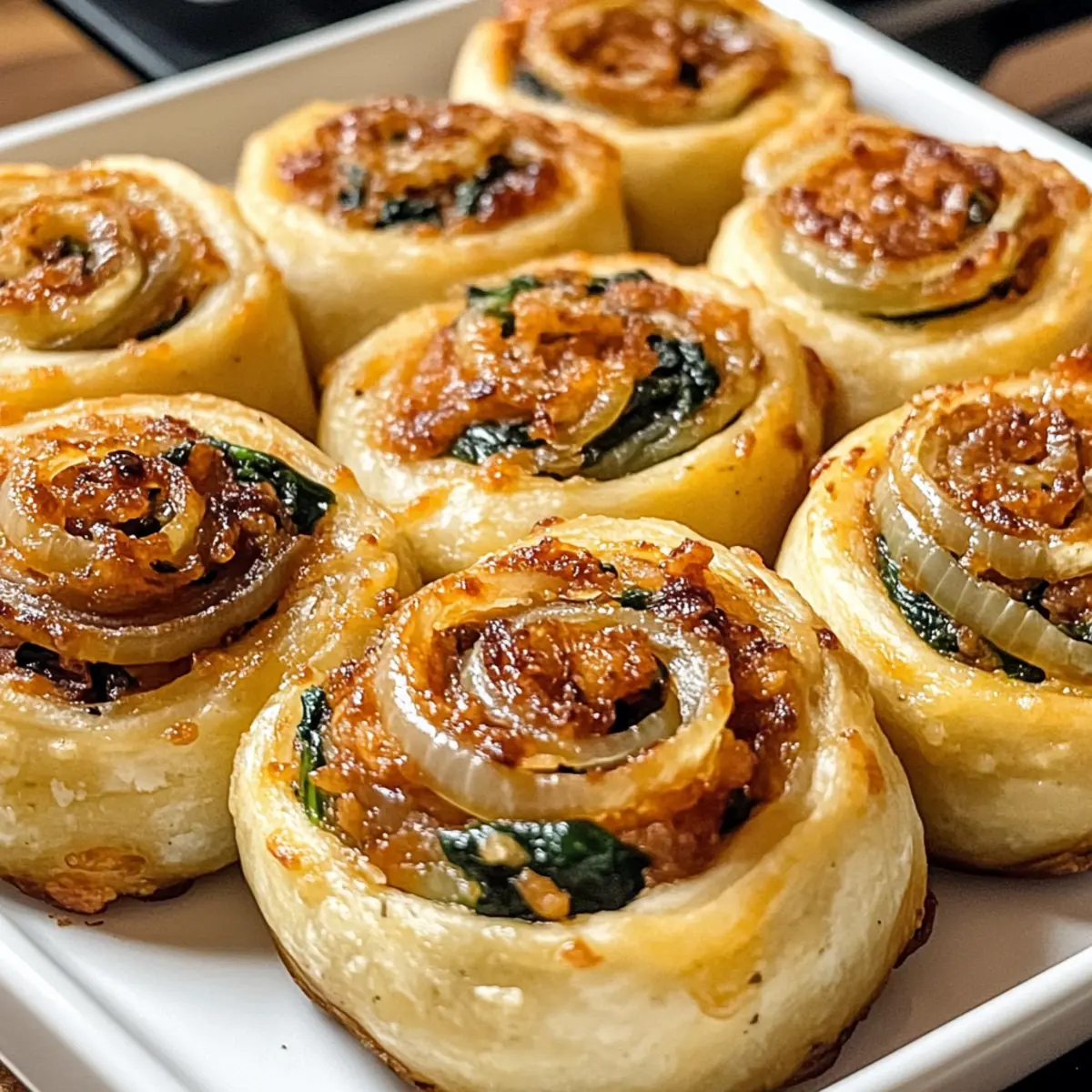 Vegane karamellisierte Zwiebel- und Spinat-Pizzarollen