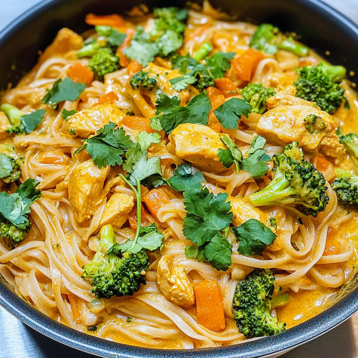 Kokosnuss-Curry-Hühnchen und Reisnudeln für Jeden