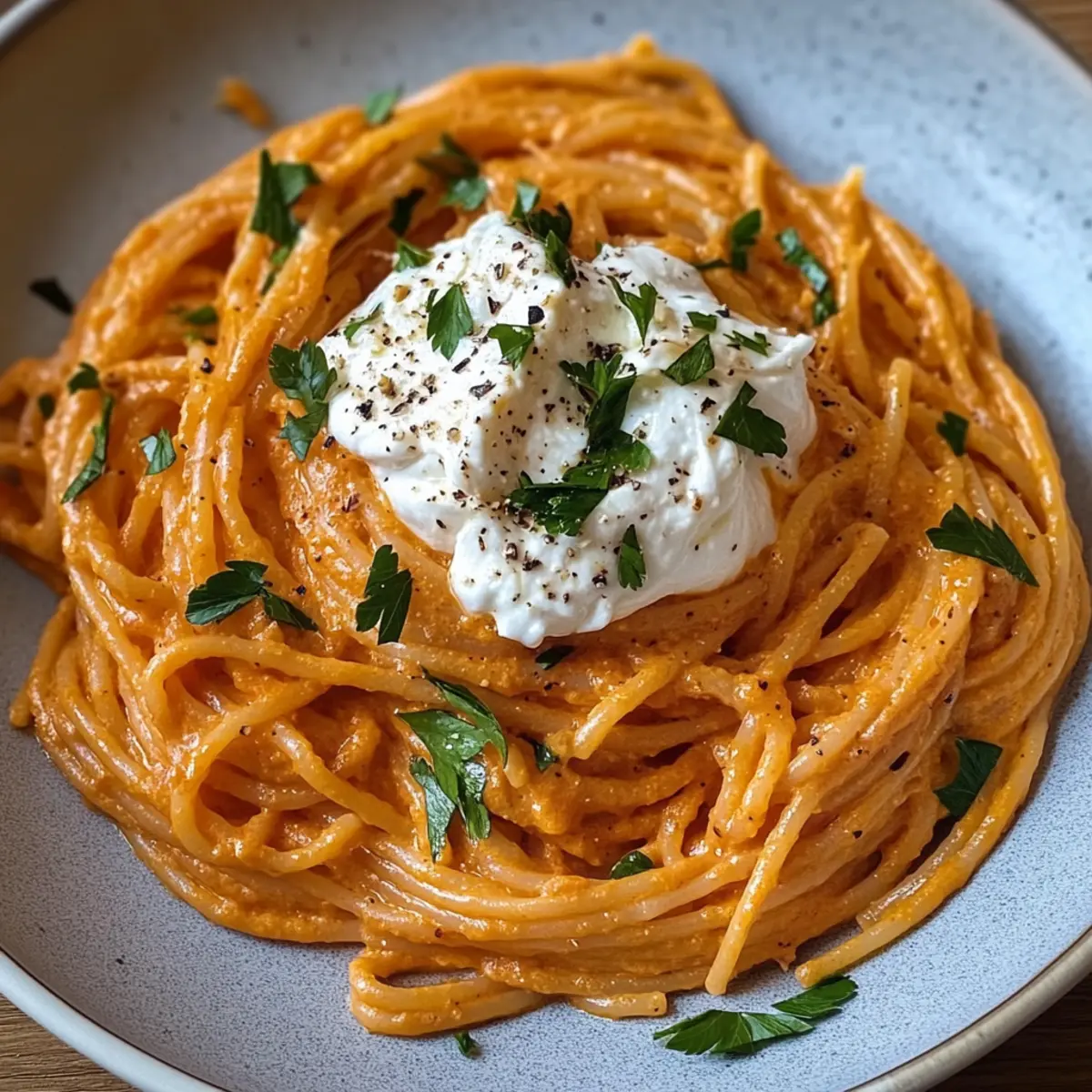 Cremige rote Paprika-Pasta mit Burrata und Kräutern