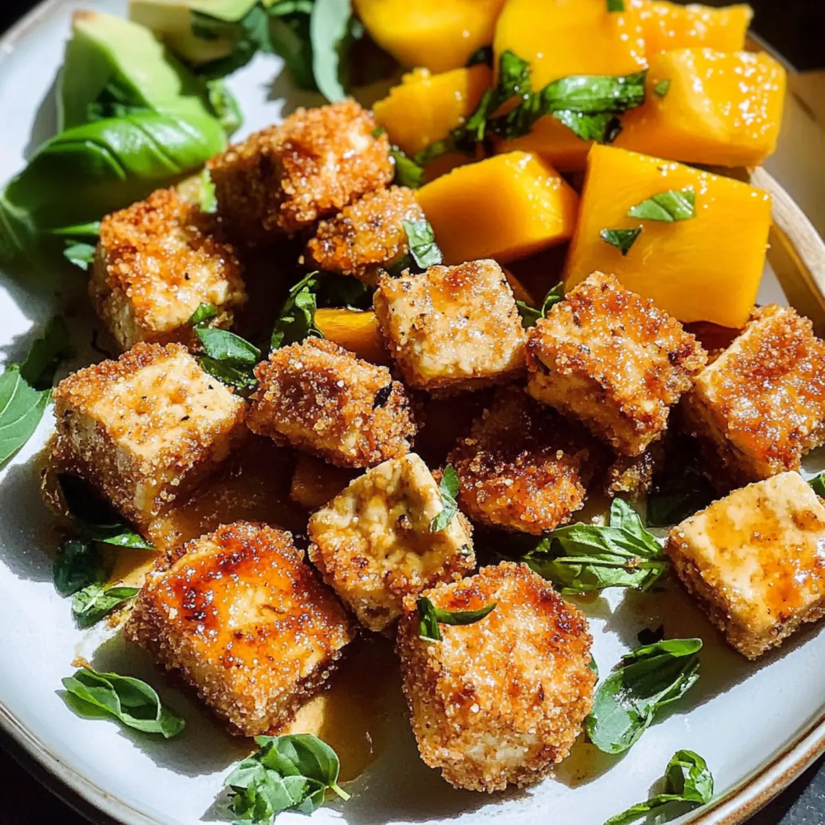 Knuspriger veganer Hot Honey Tofu mit Salat-Twist