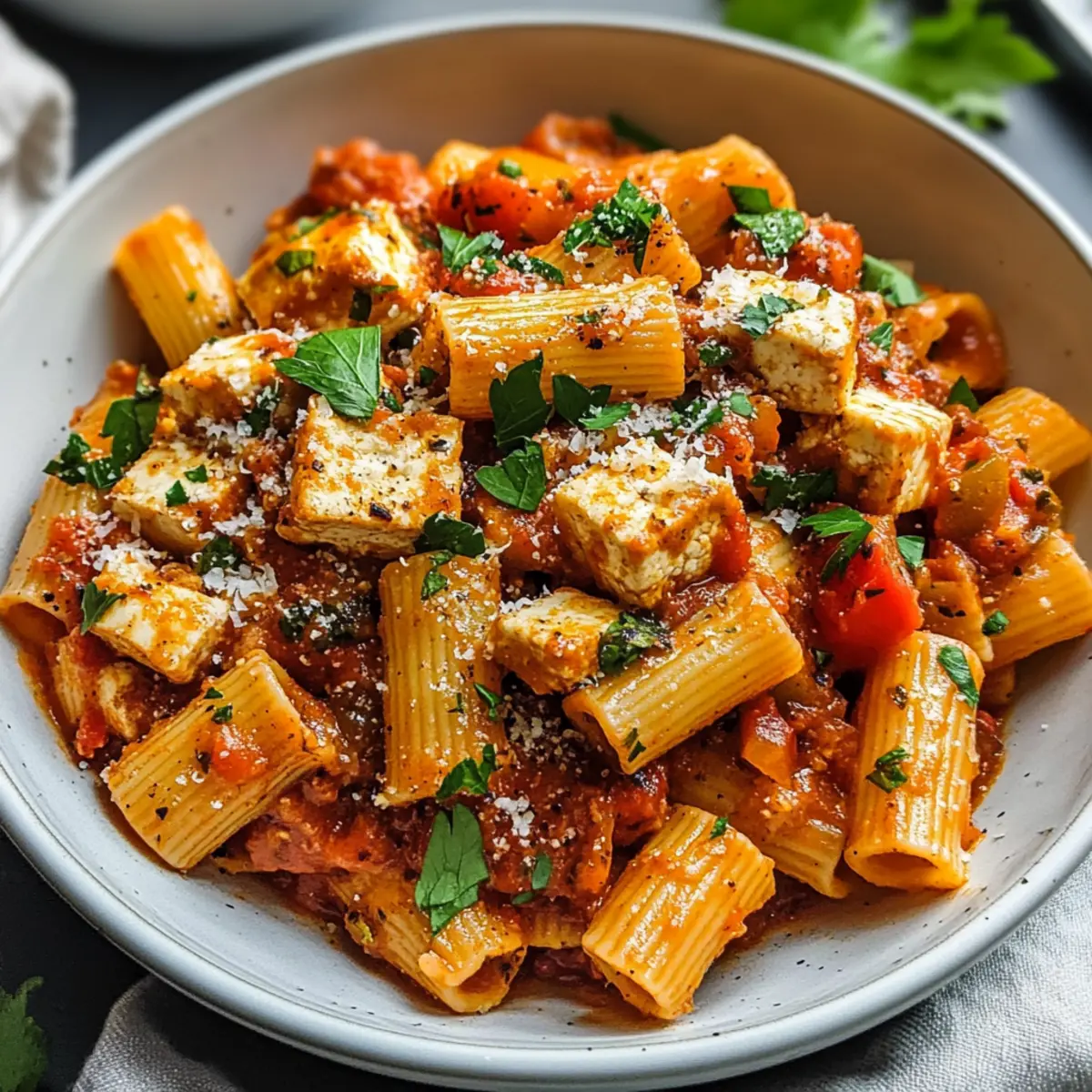 Einfache Tofu Tomaten Pasta für jeden Abend