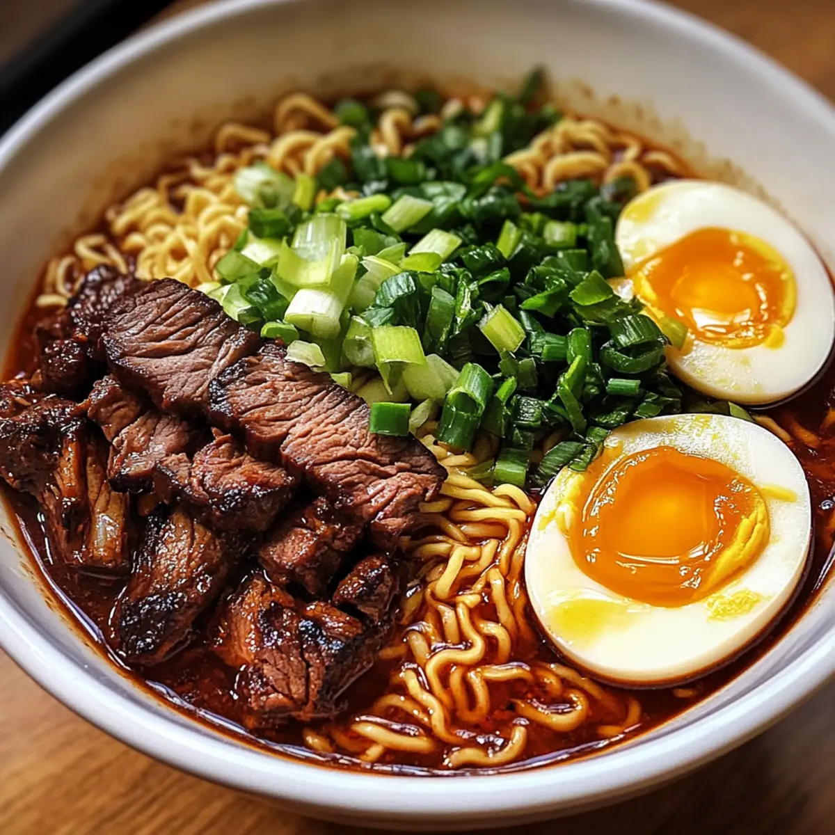Feuer-Nudel-Ramen mit mariniertem Rindfleisch für Zuhause