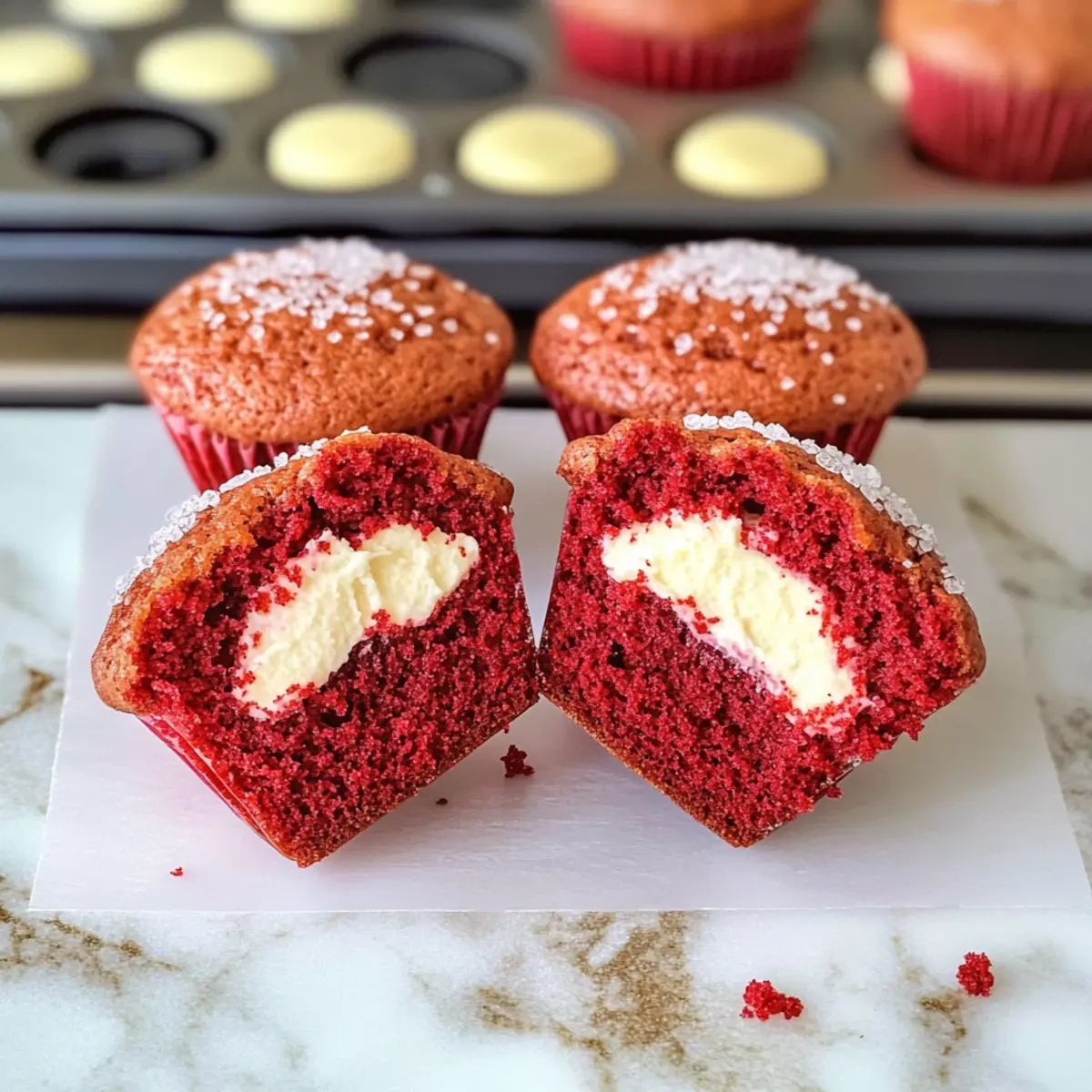 Rote Samtmuffins mit cremiger Füllung