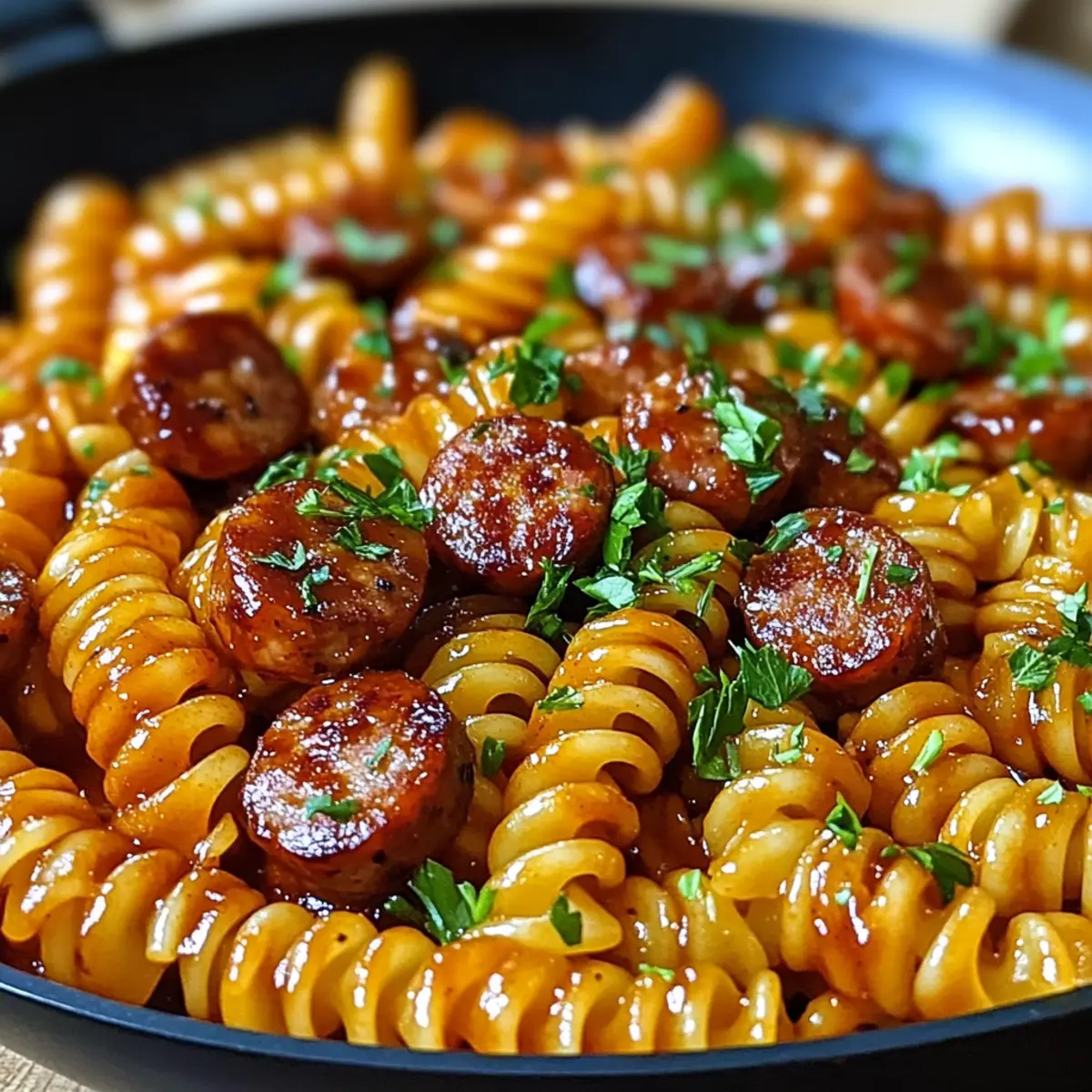 Würzige Honig BBQ Wurst & Pasta in einer Pfanne