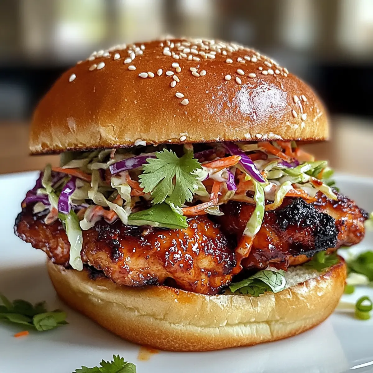 Scharfes koreanisches BBQ-Hühnchen-Sandwich mit Slaw