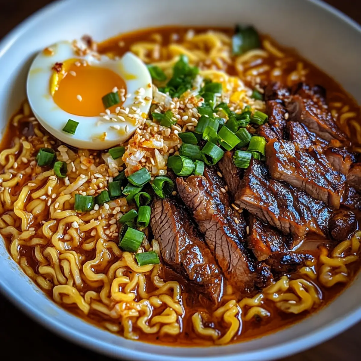 Scharfe koreanische Ramen mit gegrilltem Rindfleisch