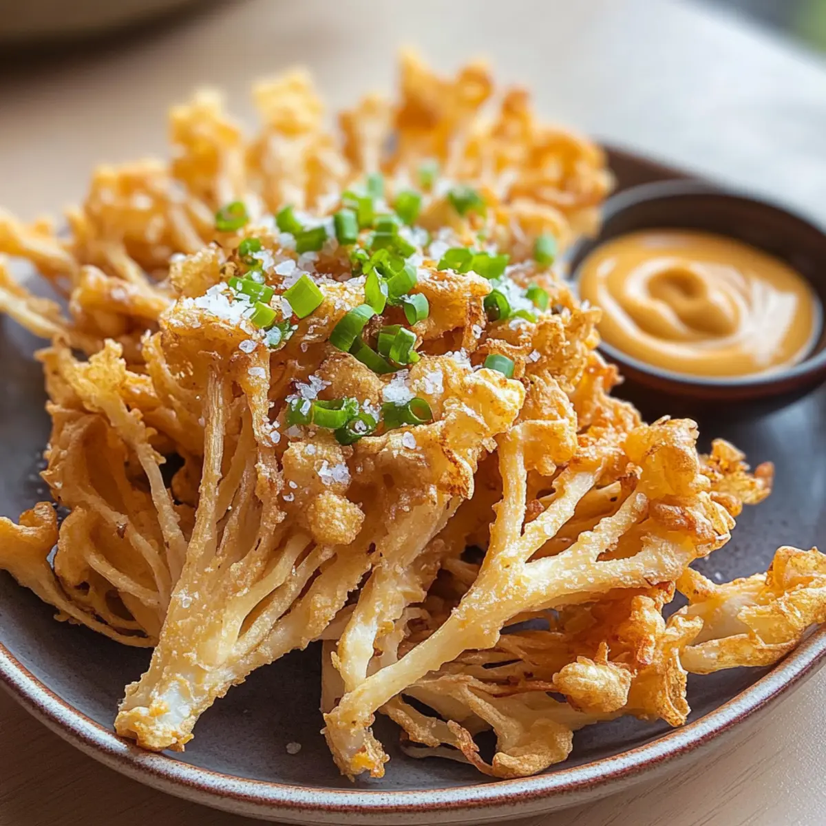 Vegane knusprige Enoki-Pilze mit Amba-Mayonnaise
