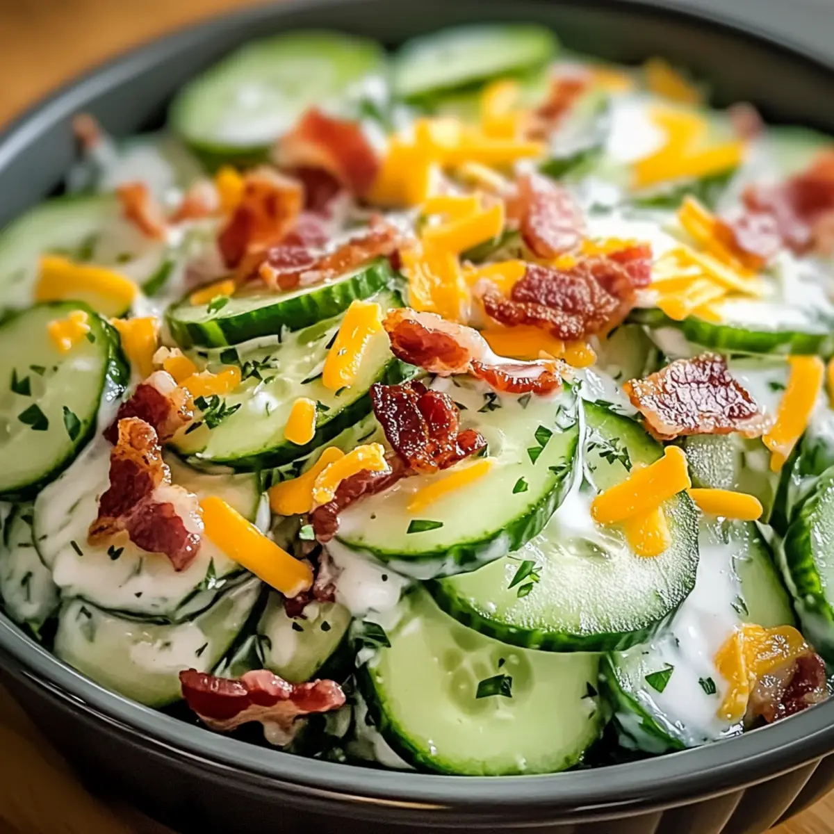 Cremiger Gurkensalat mit Speck und Käse genießen