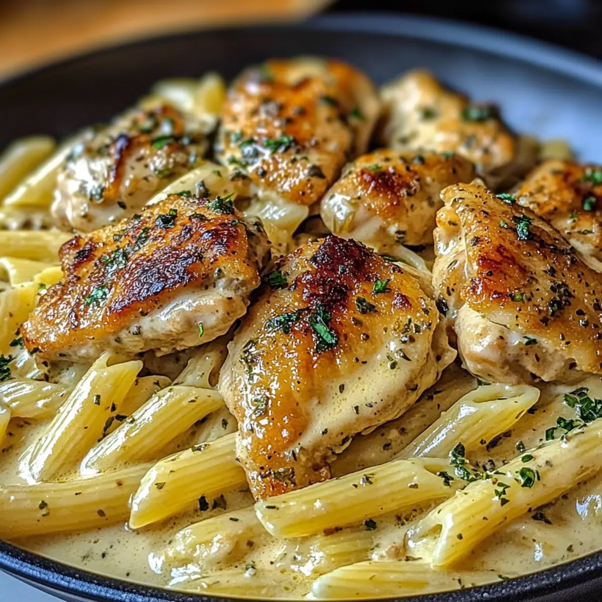 Cremige Knoblauch Kräuter Hühnchen Pasta leicht gemacht