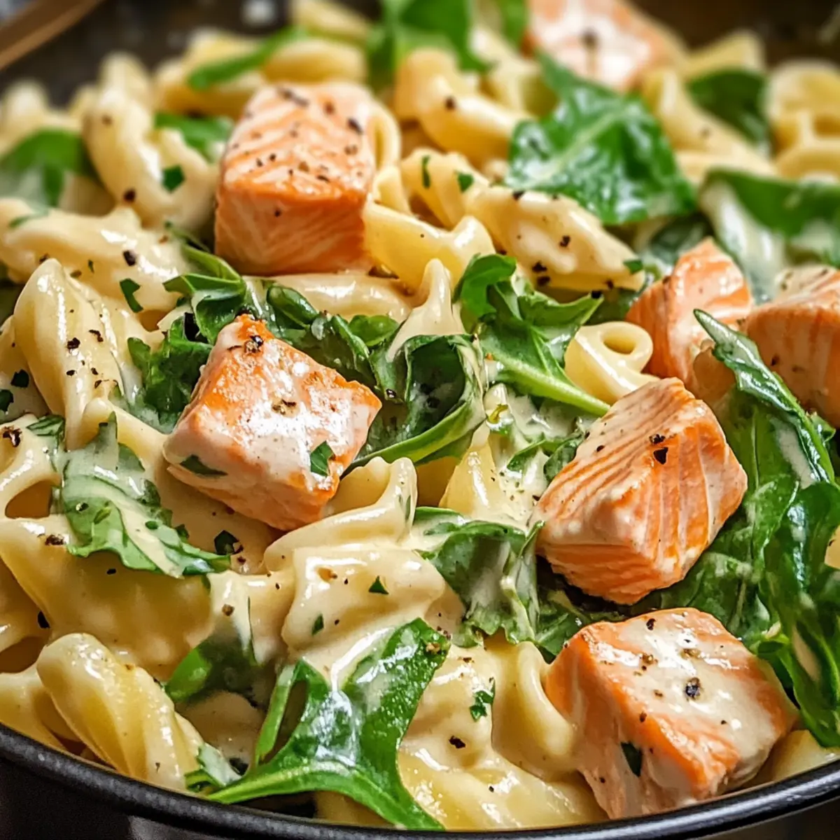 Cremige Lachs-Pasta mit gemischtem Salat Rezept
