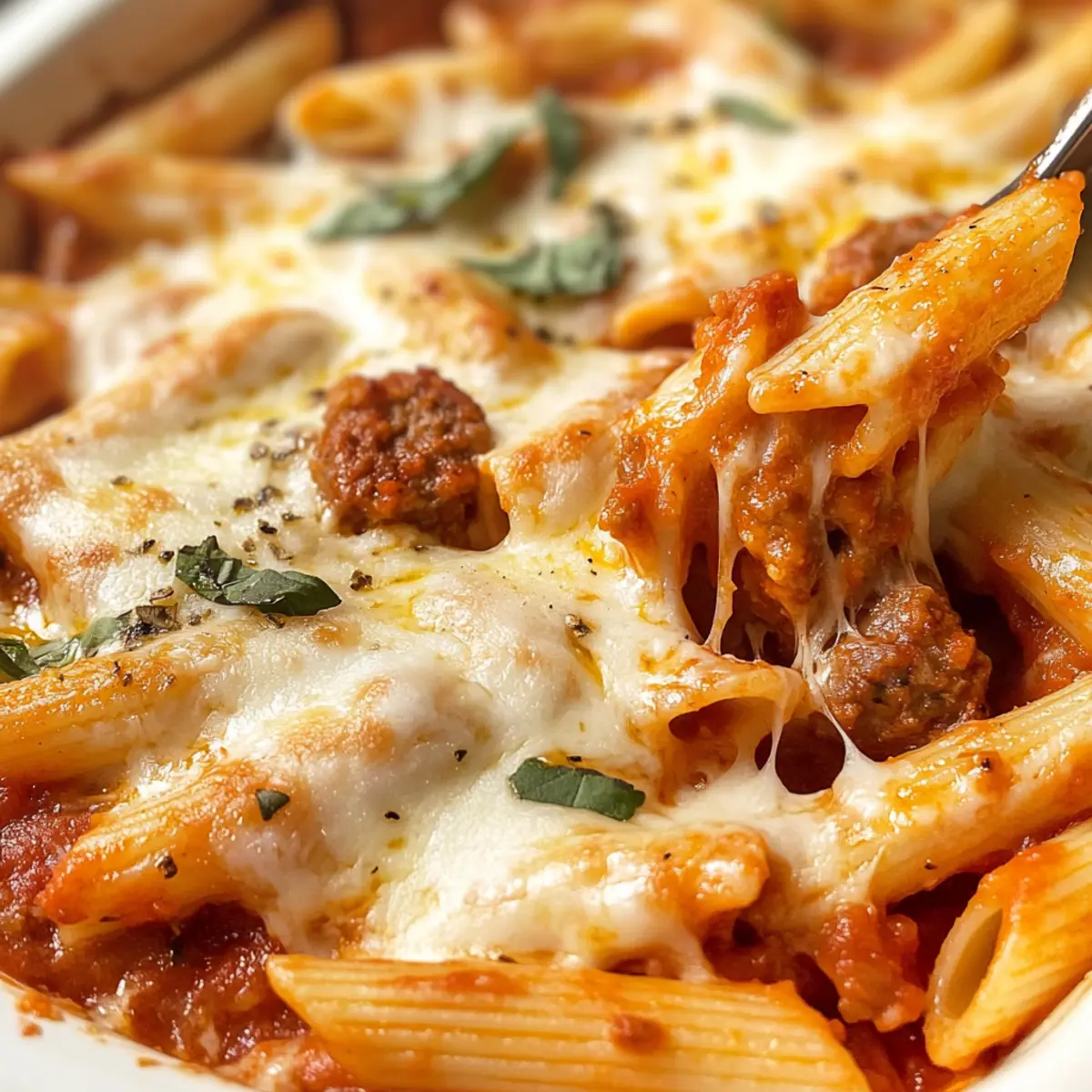 Einfache gebackene Penne mit Wurst für den Feierabend