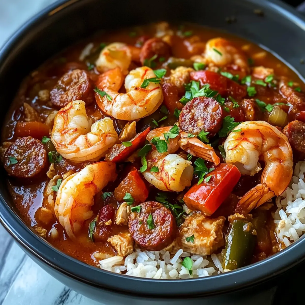 Schmoren Garnelen und Hähnchen Jambalaya Rezept für Genuss